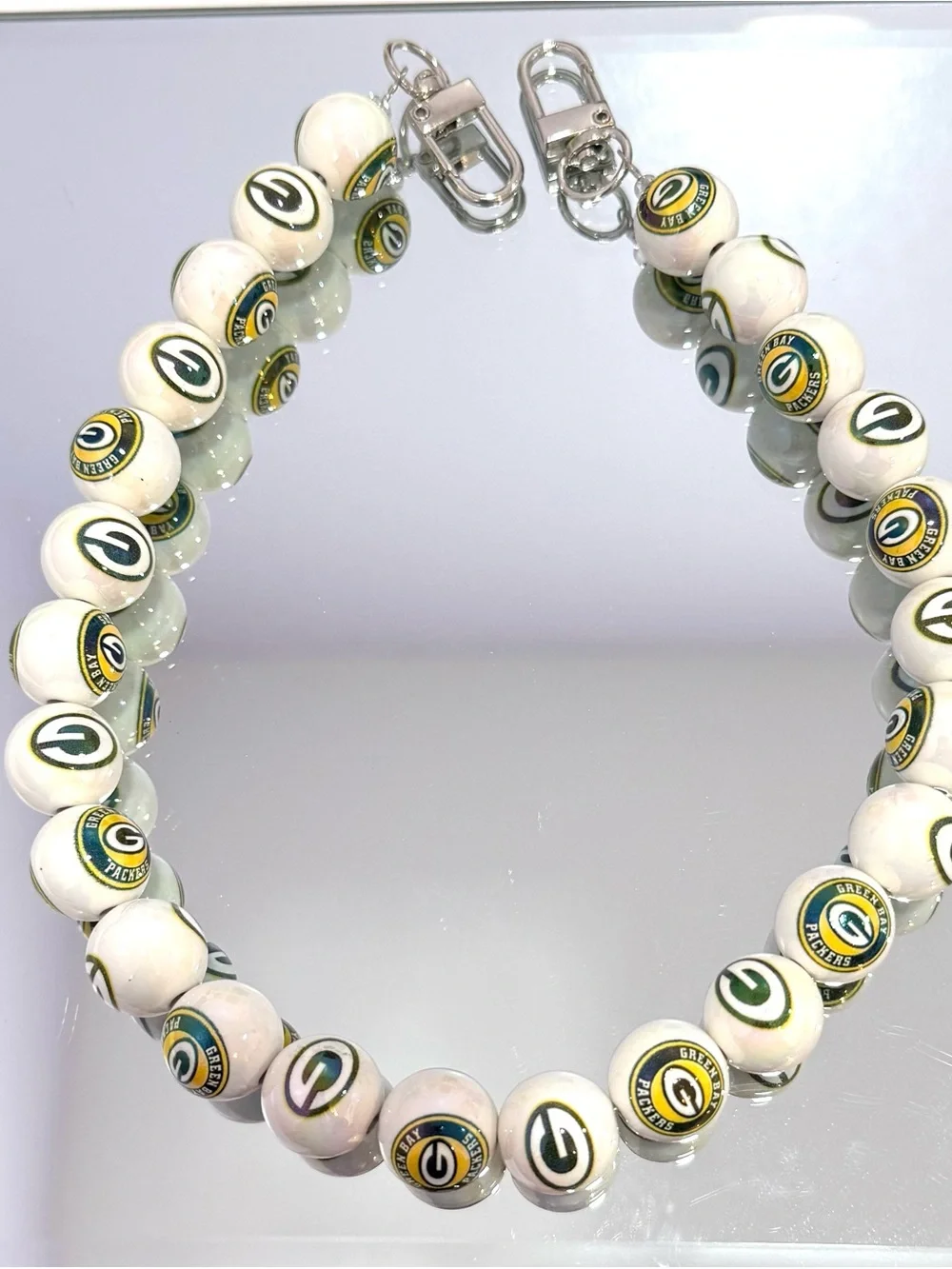 New White Beaded Bag Chain 18 inches with Team Logo